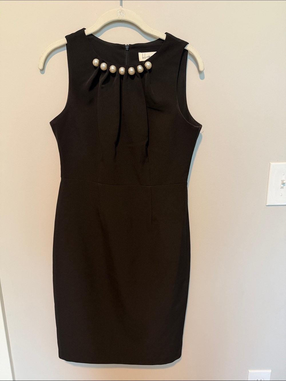 Sheath Midi Dress with Pearl Neck Trim - Black